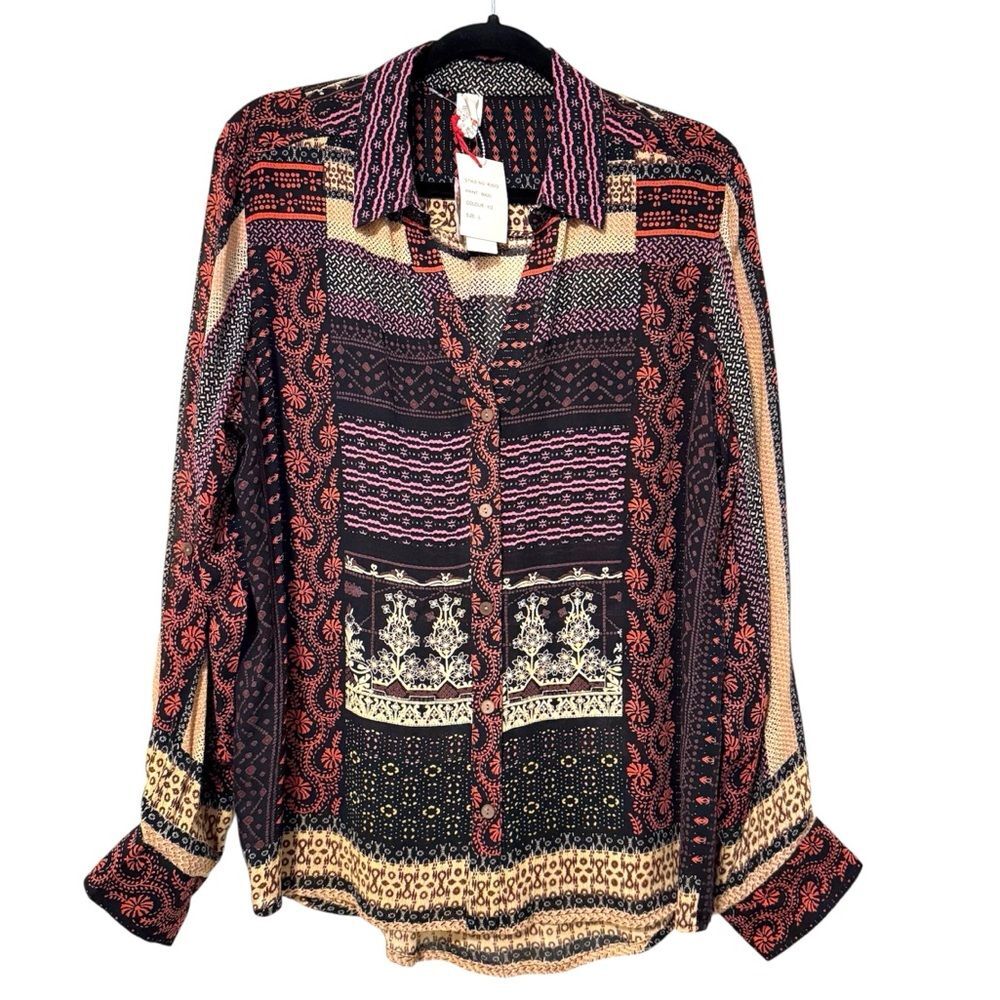 Raga By Anthropologie Button‎ Front Black Motif Blouse Size Large NWT